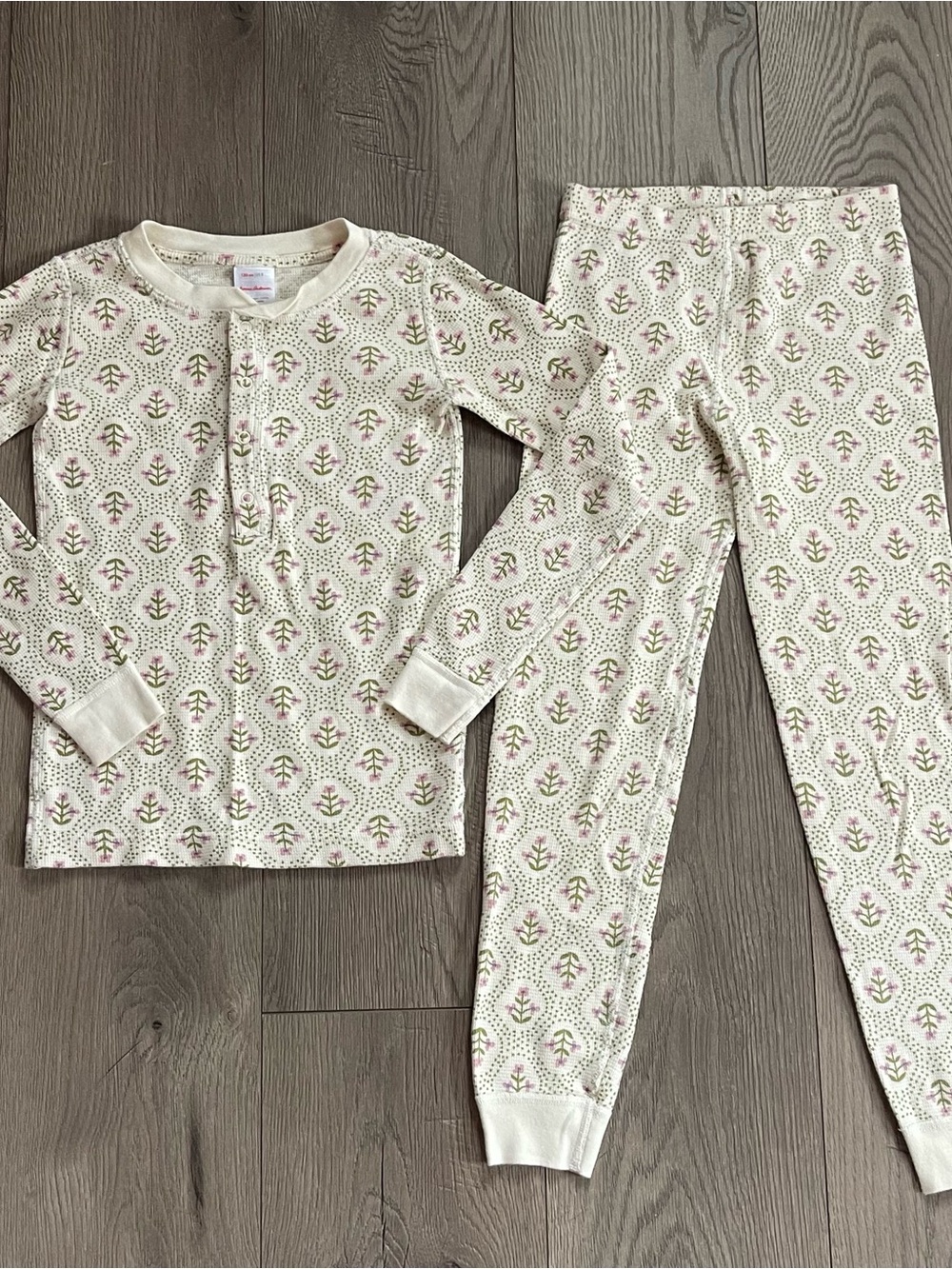 Hanna Andersson Winter Floral Waffle Knit Henley Pants Girls 8 Pajama Set